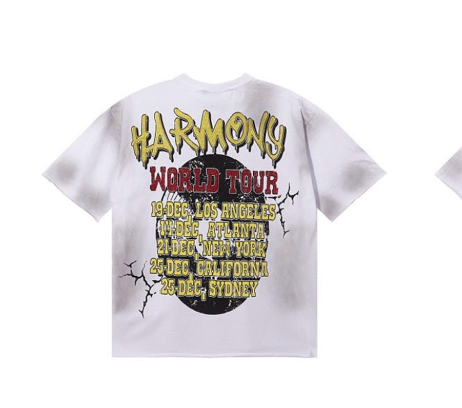 Camiseta oversize Mi tienda de algodón gris con estampado gráfico de tour musical en la espalda y efecto desgastado.