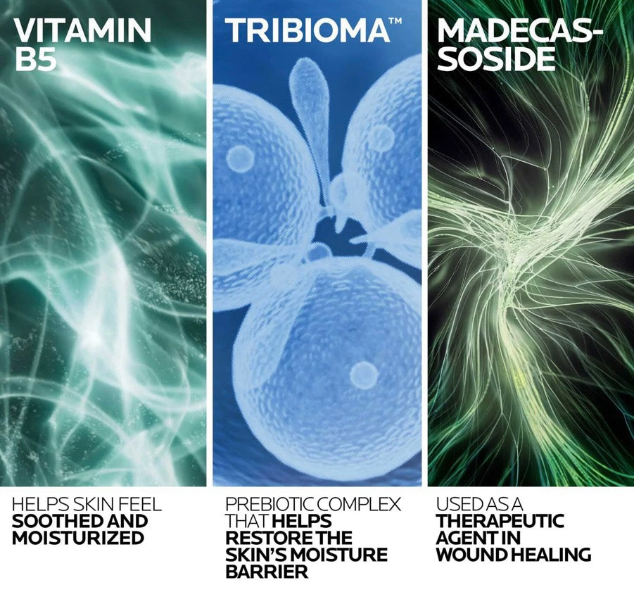 Infografía de Mi tienda sobre ingredientes de Cicaplast Baume B5: Vitamina B5, Tribioma y Madecassoside para la piel.