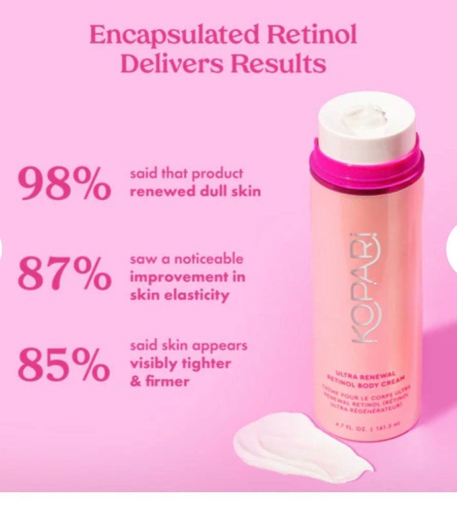 Crema corporal Kopari Ultra Renewal Retinol en envase rosa con resultados clínicos destacados sobre fondo rosado