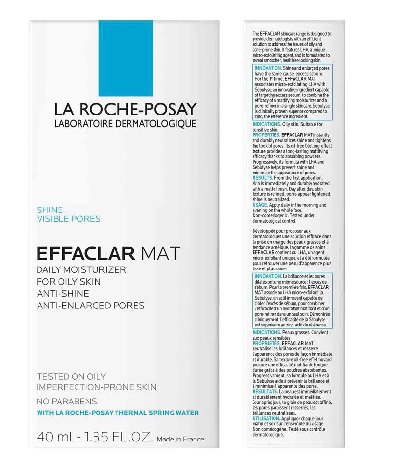 Caja de crema hidratante Mi tienda La Roche-Posay Effaclar Mat para piel grasa con información del producto.