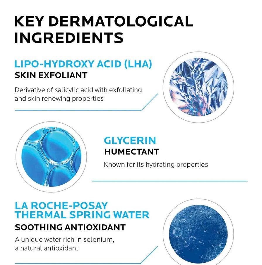 Infografía de ingredientes clave de Mi tienda para La Roche-Posay Effaclar Mat: LHA, glicerina y agua termal.