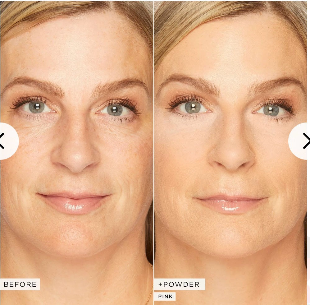 Comparación antes y después del uso de Mi tienda polvo suelto facial rosado para iluminar y suavizar la piel.
