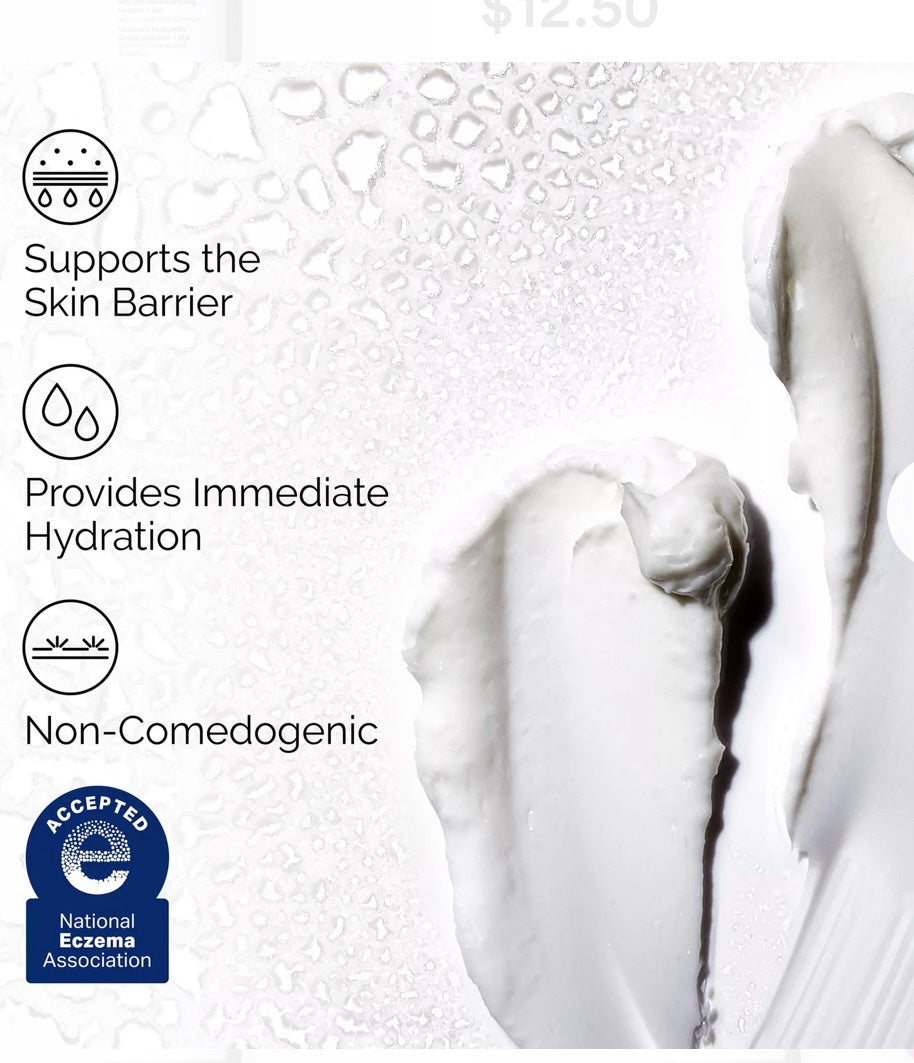 Crema hidratante Mi tienda The Ordinary con textura blanca cremosa, iconos de beneficios y sello de National Eczema Association.