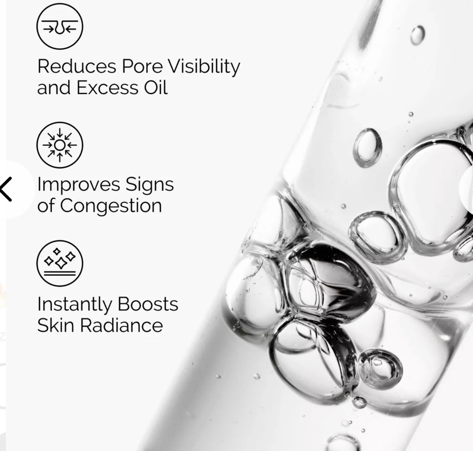 Mi tienda The Ordinary Niacinamide serum con burbujas, mostrando beneficios para poros, congestión y luminosidad.