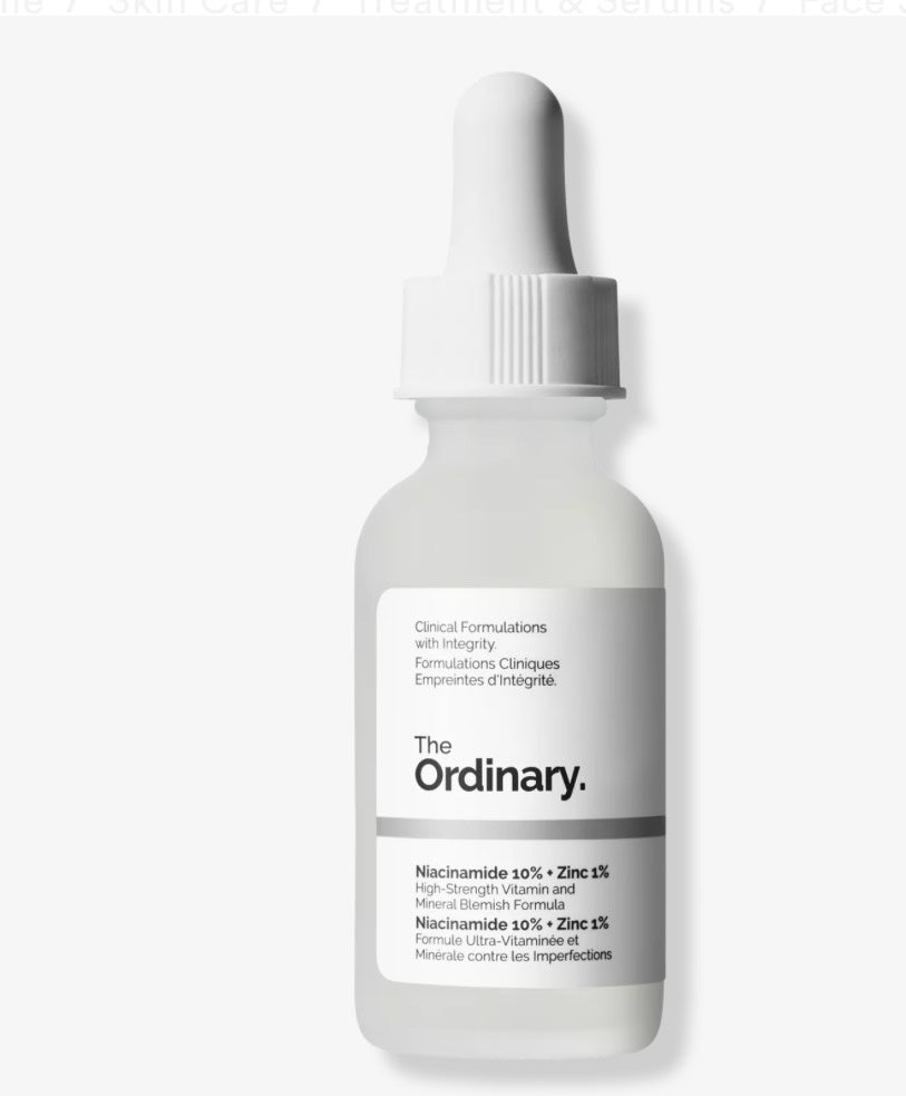 Suero facial Mi tienda The Ordinary Niacinamide 10% + Zinc 1% en frasco de vidrio con gotero para piel grasa
