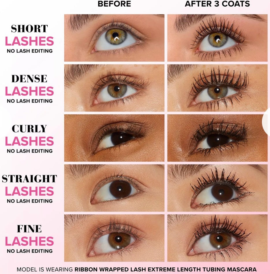 Comparativa de Mi tienda Too Faced Ribbon Wrapped Lash mostrando pestañas antes y después de tres capas de máscara
